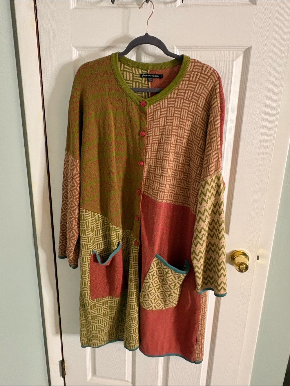 Women’s Gudrun Sjoden Long Knit Overcoat Sweater Mixed Pattern Langenlook Sz XL